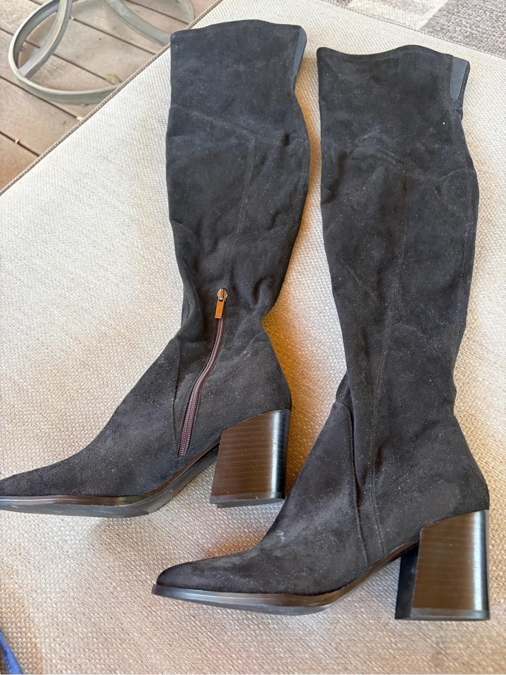 Neiman Marcus Black Suede Knee-High Block Heel Boots